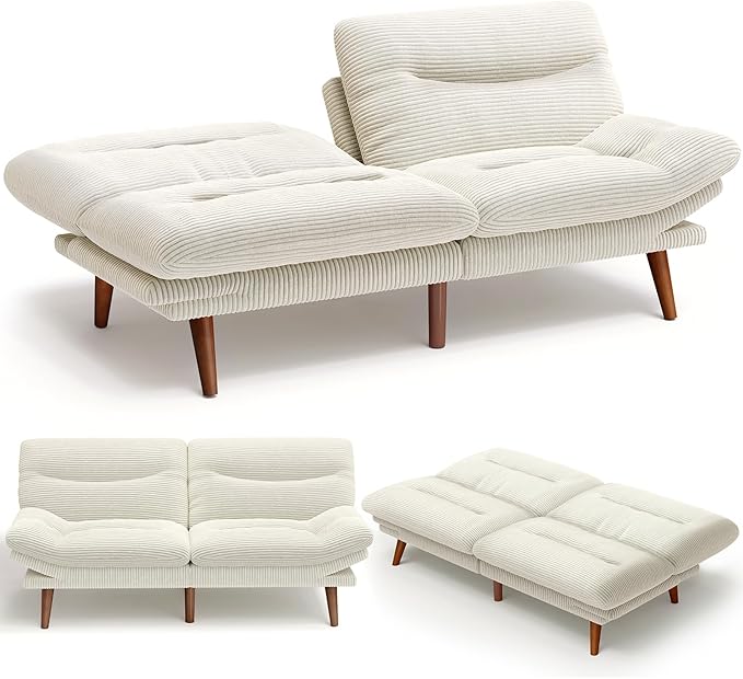 AMADA 66"Convertible Futon Sofa Bed, Corduroy Folding Futon Set with Adjustable Backrest &Armrests, Recliner Lounge for Living Room, Apartment or Office, Solid Wood Frame, Loveseat Sofa - Beige White