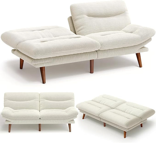 AMADA 66"Convertible Futon Sofa Bed, Corduroy Folding Futon Set with Adjustable Backrest &Armrests, Recliner Lounge for Living Room, Apartment or Office, Solid Wood Frame, Loveseat Sofa - Beige White