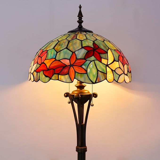 Tiffany Floor Lamp Red Yellow Green Flowers Stained Glass Standing Reading Light 16X16X70 Inches Antique Pole Corner Lamp Decor Bedroom Office Living Room