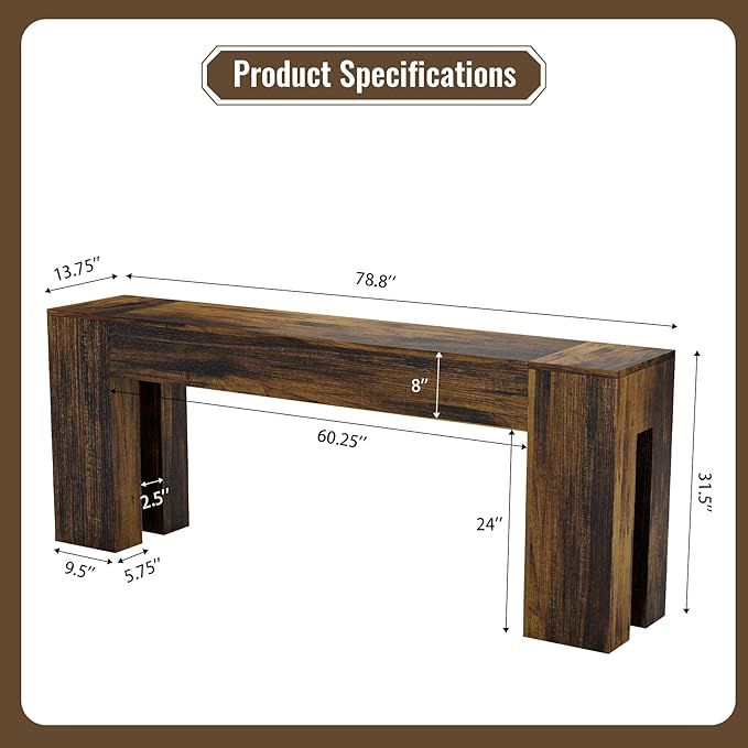 Extra Long Sofa Console Table for Entryway Living Room, 79-Inch Farmhouse Wood Behind Couch Table, Rectangular Accent Console with Wooden Double Base for Hallway Foyer Entrance, Rustic Brown