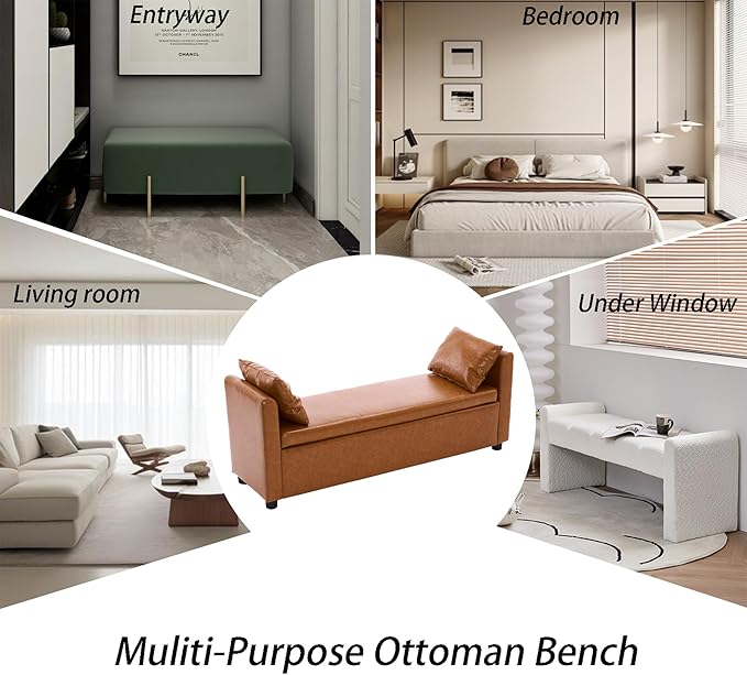 Storage Bench for Bedroom, 55" Long Bench for King Size Bed, Modern Upholstered End of Bed Ottoman Bench with Arms for Entryway Living Room (Faux Leather - Camel Brown)