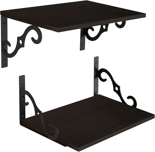 DINZI LVJ Deep Floating Shelves, 16" W x 12" D Wall Shelves Set of 2, Wide Display Shelf Wall Mounted with Brackets, Easy-to-Install Bookshelf for Living Room, Bathroom, Bedroom, Espresso