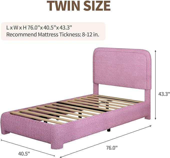 BarnFurin Twin Size Bed Frame, Boucle Upholstered Platform Bed Frame with Headboard, Modern Style, Soft Rounded Corners, No Box Spring Required, Easy Assembly, Rose Pink