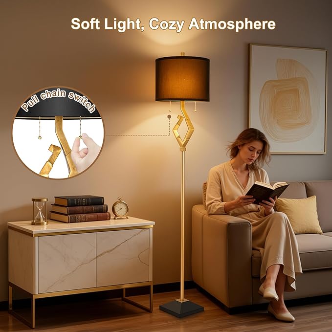 Sculptural Floor Lamp for Living Room Bedroom, 64.5” Pull Chains Standing Lamp, Gold Leaf Finish & Black Faux Silk Lamp Shade, Lighting Brightness Adjustable Lamp with Bulb Prefer for Home Decor