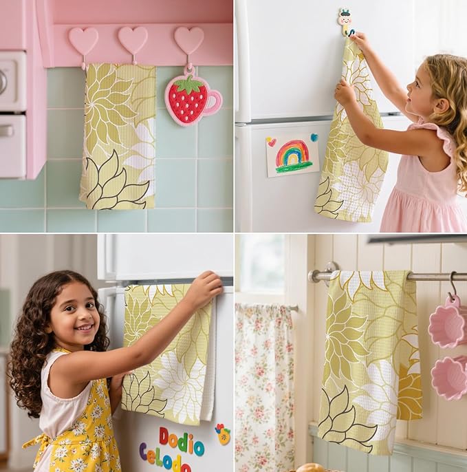 Boho Floral Abstract Waffle Towels, Flower Hand Towel for Bathroom Decor, 16x24 Inch Neutral Yellow Flower Dish Tea Towel Decor for Kitchen/Bath/SPA,Gift for Friends.