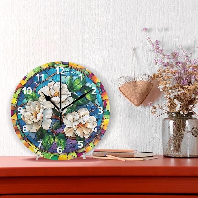 Bolaz Wall Clocks Decorative Bedroom Silent Living Room Desktop Flowers Stained Glass Tabletop Shelf Clocks Round Battery Operated 10 Inch Non-Ticking
