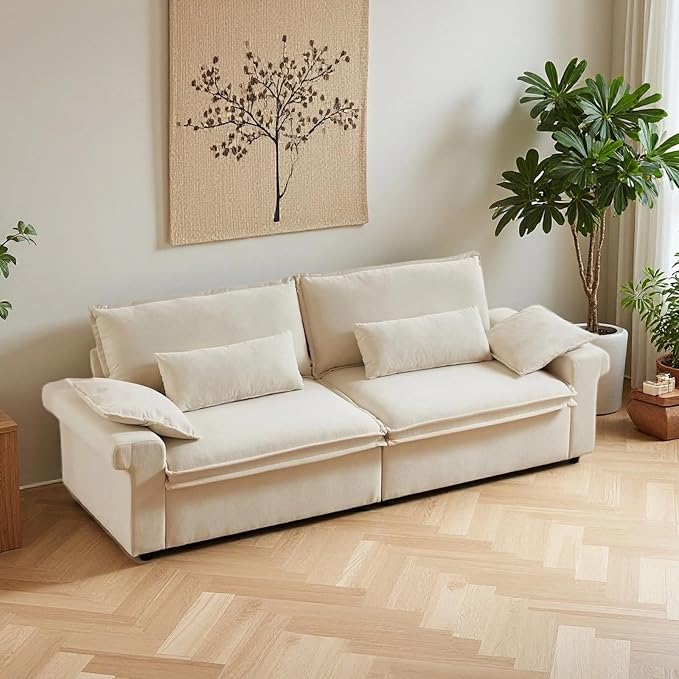 94 Inch Sofa, Oversized Couch with Wide Arms, Modern 3-Seater Sofa w/Throw Pillows, Chenille Fabric, Deep Seat Cushion, Easy Assembly, Comfy Couch for Living Room, Apartment, Office, Beige