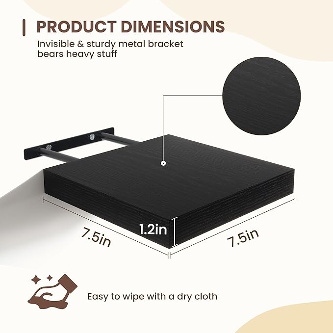 Fun Memories Floating Shelves for Wall - 7.5 Inch Square Shelves with Invisible Brackets, Black Small Wall Shelf for Living Room, Bathroom, Bedroom, and Kitchen Decor，Set of 4