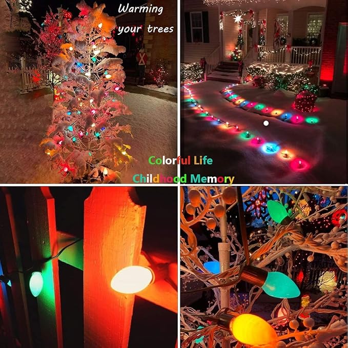 Couah C7 Christmas Lights, 25Ft Ceramic Vintage Christmas Lights with 25 Multicolor C7 Bulbs, Hanging for Xmas Tree Party Backyard Wedding Party Decor- Green Wire
