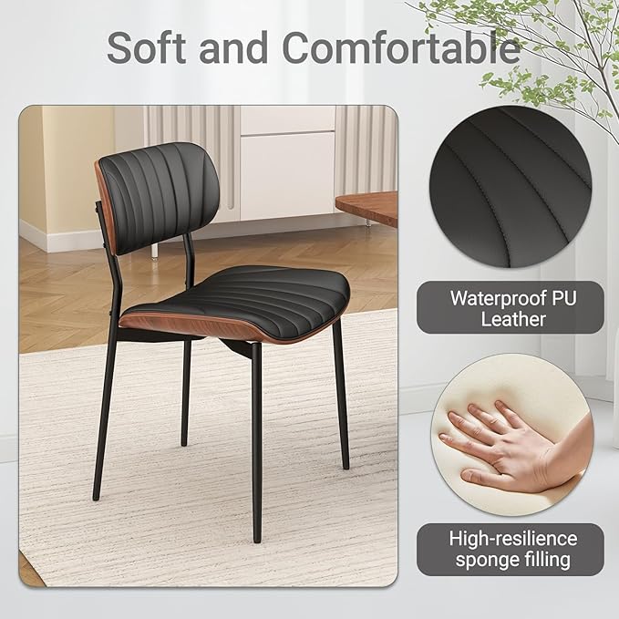 Mid Century Modern Dining Chairs Set of 4,Upholstered Faux Leather Kitchen Chairs with Walnut Bentwood Back and Metal Legs for Kitchen Dining Room Living Room, Black