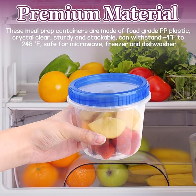 12 Pack Freezer Containers with Screw On Lids, 24 Oz Stackable Reusable Plastic Storage Container, Airtight Plastic Food Storage Containers with Twist Top Lids for Food Soup Jello Sauce