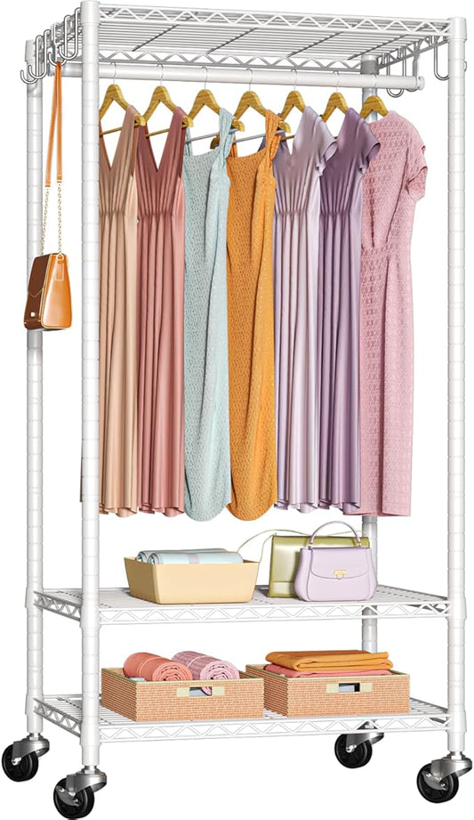 FUTASSI P6 Medium Rolling Clothes Rack Heavy Duty, Clothing Racks for Hanging Clothes, Freestanding Garment Rack with Wheels, Portable Closet Rack Max Load 370 LBS, 30''W x 14''D x 77.6''H, White