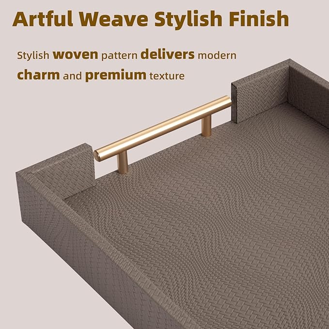 2 Piece Woven Leather Ottoman Tray with Gold Handles, Perfect Rectangular Serving Tray for Living Room, Coffee Table Tray as Thoughtful Gift for Home Decor Enthusiasts (Coffee Brown)