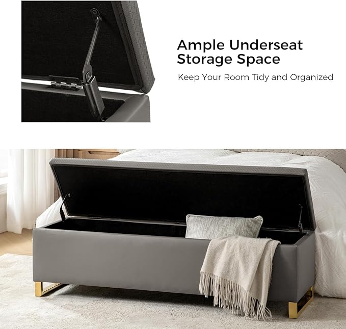 EcoHarbor Living Storage Ottoman Bench with Throw Ottomans, Modern End of Bed Bench, Upholstered Footrest Stool with Gold Legs for Living, Bedroom, Entryway and Hallway(Grey 60inch)