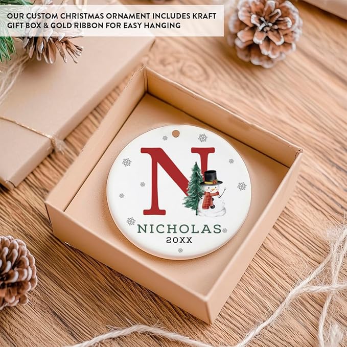 Andaz Press Personalized Ornament, Custom Name, Initial N Monogram Snowman 2.8" Ceramic Porcelain 2025 Christmas Ornament Keepsake for Kids, Boys, Girls, Includes Gold Ribbon & Gift Box, 1-Pack