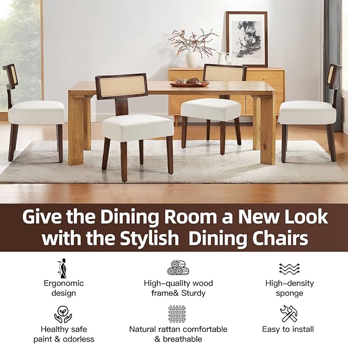 Upholstered Rattan Dining Chairs Set of 4, Mid-Century Modern Fabric Dining Room Chair with Brown Hardwood Frame, Curved Backrest Kitchen Chairs Armless Accent Chairs for Living Room (Cream)