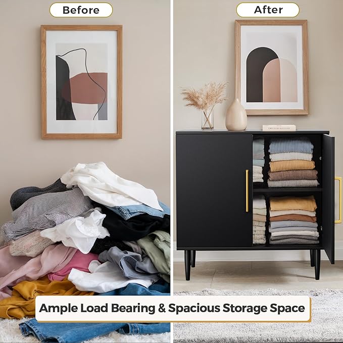 Modern Storage Cabinet, Free Standing Buffet Cabinet, Black Sideboard and Buffet Storage, Wood Accent Furniture for Living Room, Hallway, Entryway, Dining Room, Bedroom (1, Black)