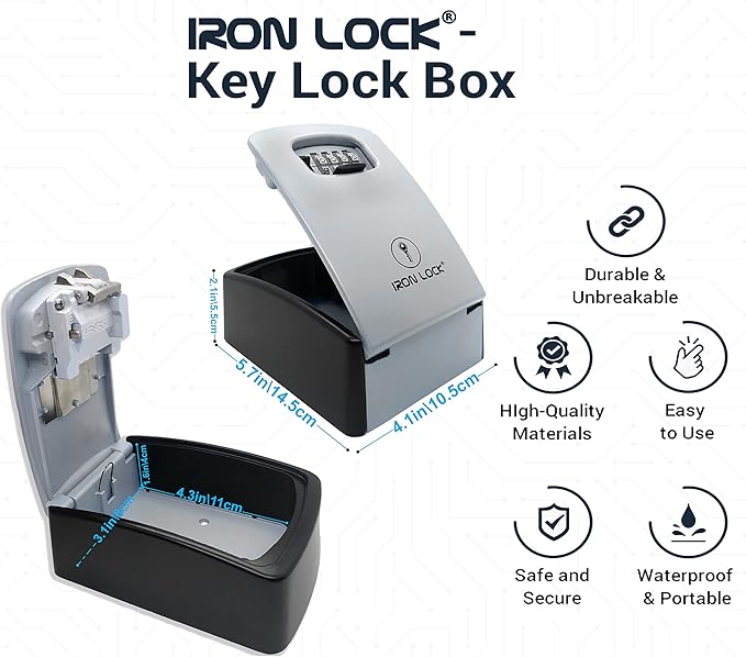 Iron Lock® Key Lock Box XXL Wall Mount – Waterproof Outdoor Key Safe with Heavy-Duty Metal Body & 4-Digit Combination – Lock Box for Keys Outside for Home, Rentals & Realtors (Grey, XXL)