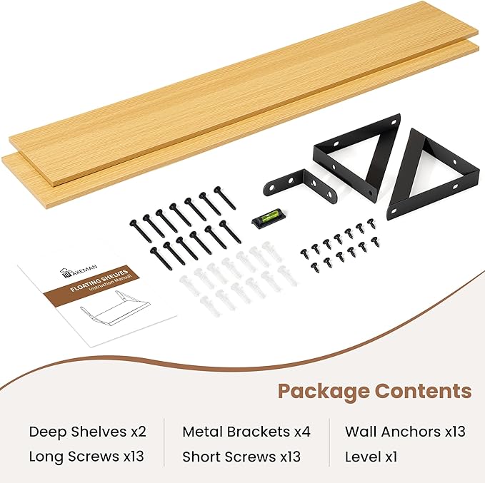 Axeman 48 Inch Floating Shelves | 8 Inch Deep Oak Wall Shelves Set of 2 | 47.3W x 8D Rustic Wood Shelves for Bookshelf Living Room Bedroom Home Office Bathroom