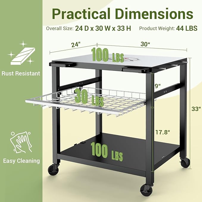 NUUK Grill Cart 30"x24" Pizza Oven Table for Outdoor 3-Shelf with Stainless Steel Top and Sliding Drawer BBQ Grilling Carts Outside Serving Prep Tables Indoor Stand