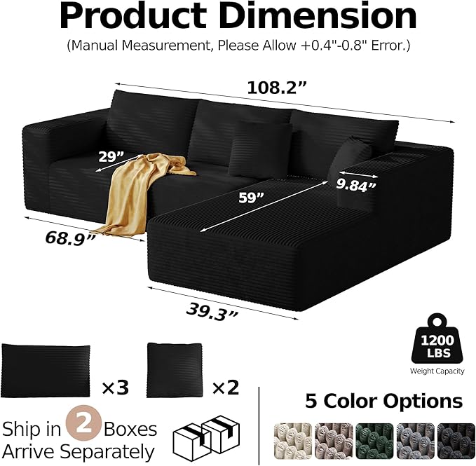 108'' Modular Sectional L-Shaped with Chair,Deep Seat Boneless Corner Couch for Living Room,Plush Corduroy Couch with Detachable Sofa Set,No Assembly(Right Facing Chaise，Black)