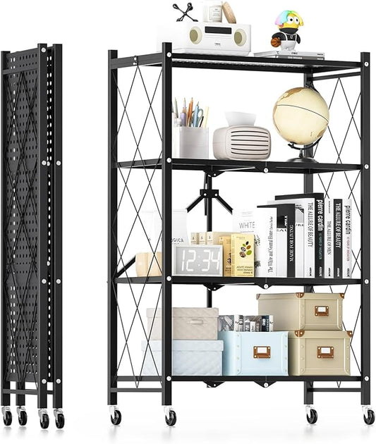 HealSmart 4-Tier Heavy Duty Foldable Metal Rack Storage Shelving Unit with Wheels Moving Easily Organizer Shelves Great for Garage Kitchen, Black