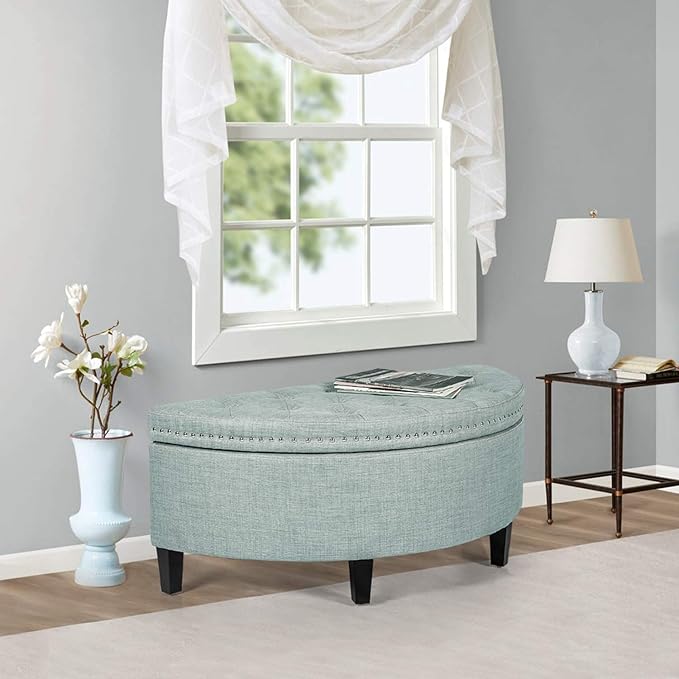 Homebeez 43" Half Moon Storage Ottoman, Button Tufted Bedroom Benches for Entryway Living Room (Light Blue)