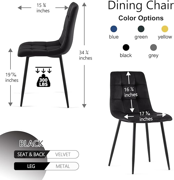 NORDICANA Dining Chairs Set of 2, Upholstered Kitchen Chairs, Black Velvet Side Chairs with Comfortable Cushions & Metal Legs