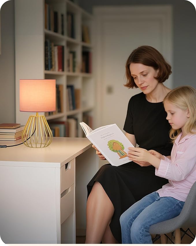 Pink and Gold Table Lamp, Small Bedside Lamp with Metal Base & Pink Linen Lampshade, Modern Nightstand Lamp, Little Cute Desk Lamp for Girl Kid's Room, 2700K LED Bulb Included, DP06TL05