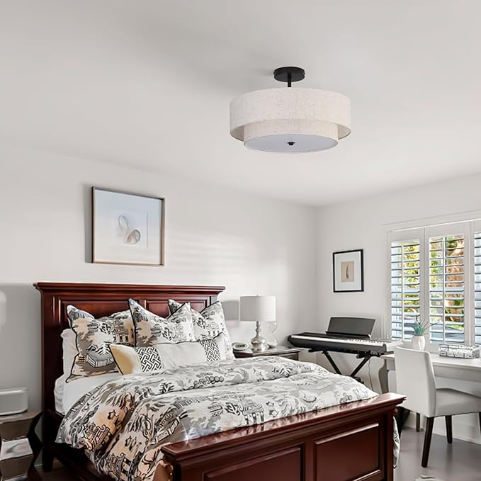 18" Semi Flush Mount Ceiling Light with Fabric Lampshade Modern Drum Ceiling Lamp Black Ceiling Light Fixture for Dining Room Kitchen Bedroom Living Room