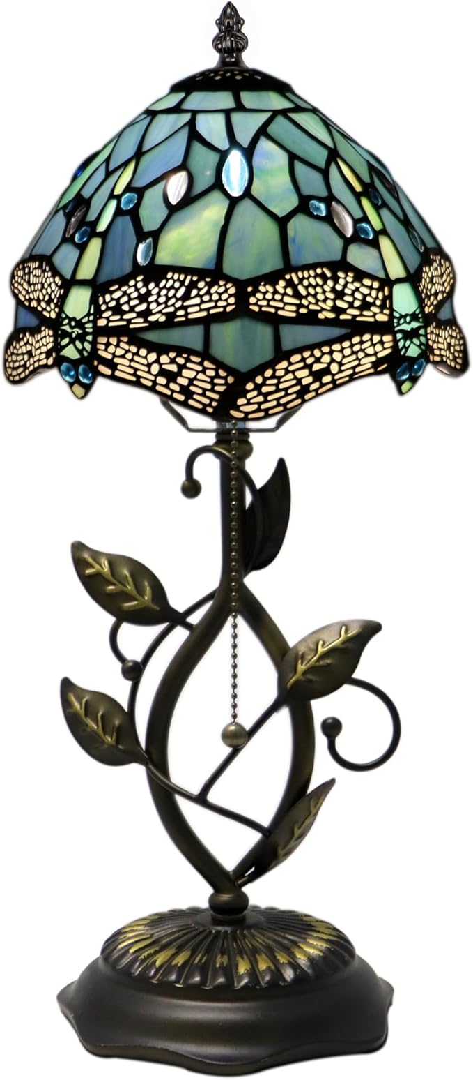 Small Stained Glass Lamp Sea Blue Dragonfly Style Table Lamps Desk Bedside Reading Light 8X8X18 Inches with Bronze Metal Leaf Resin Base