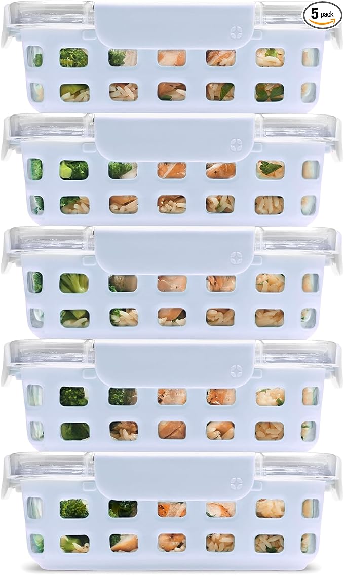 Ello Duraglass 3.4 Cup Meal Prep Sets 10Pc, 5 Pack Set- Glass Food Storage Container with Silicone Sleeve and Airtight BPA-Free Plastic Lids, Dishwasher, Microwave, and Freezer Safe, Halogen Blue