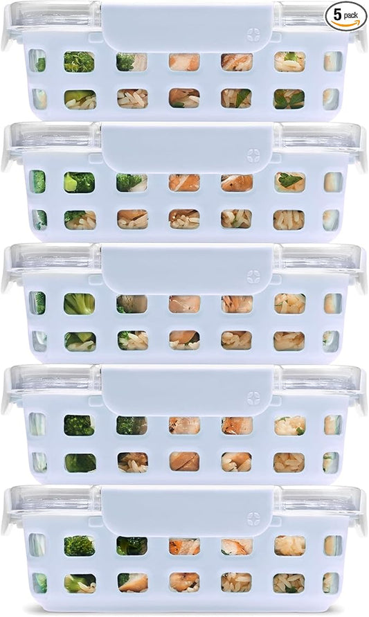 Ello Duraglass 3.4 Cup Meal Prep Sets 10Pc, 5 Pack Set- Glass Food Storage Container with Silicone Sleeve and Airtight BPA-Free Plastic Lids, Dishwasher, Microwave, and Freezer Safe, Halogen Blue