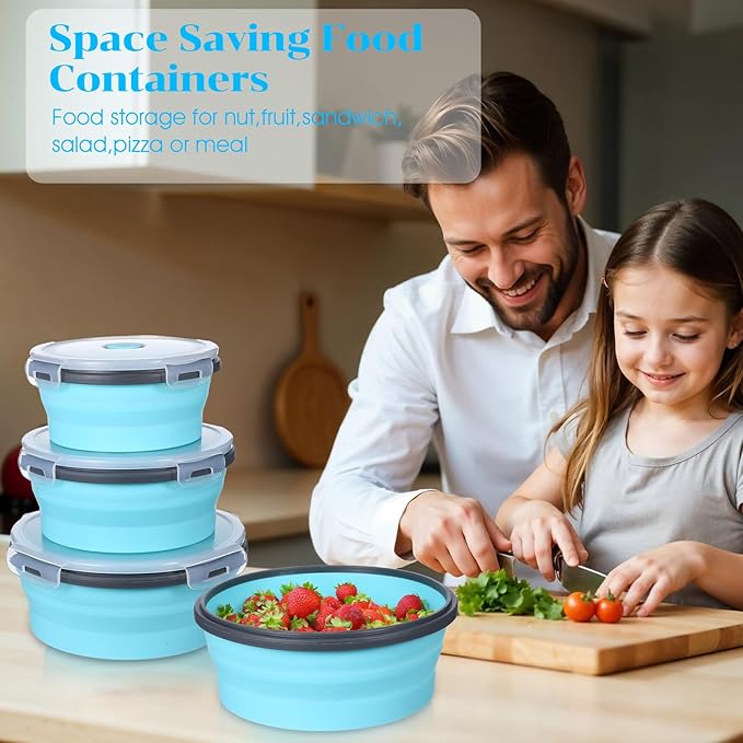 6 Pieces Collapsible Food Storage Containers Foldable Silicone Lunch Containers with Lids, 3 Pcs Silicone Rectangle Collapsible Bowls and 3 Pcs Round Food Bowls, Microwave Freezer and Dishwasher Safe
