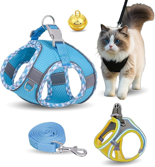 Stimulicat Cat Harness, Stimuli Cat Harness Design for Outdoor Cats, Adjustable Soft Mesh Vest Harness Escape Proof with Reflective Safety Strips, Allowing Cats to Safe (Lattice-Blue, XXS)