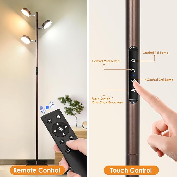 Dimmable LED Floor Lamp with Remote Modern Tall Standing Lamp with 3 Adjustable Heads Light Touch Control 4 Color Temperatures Timer Tree Floor Lamps for Living Room Bedroom Office Reading, Brown