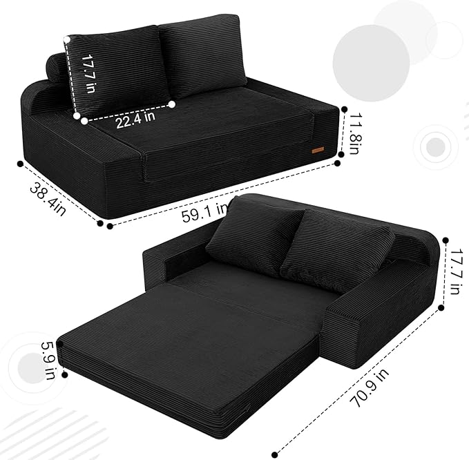 COMAX Convertible Sofa Bed Queen, Folding Floor Couch Corduroy Fold Out Couch Bed Sleeper Mattress with Back Pillows, Boneless Pull Out Loveseat Comfy Futon Lounge for Living Room Bedroom, Black