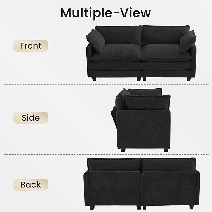 ROWHY Modular Loveseat Sectional Sofa, 78" Upholstered Loveseat, 2 Deep Seat Sofa Couch with 2 Throw Pillows for Small Space, Modern Comfy Cloud Couch for Living Room, Chenille, Black
