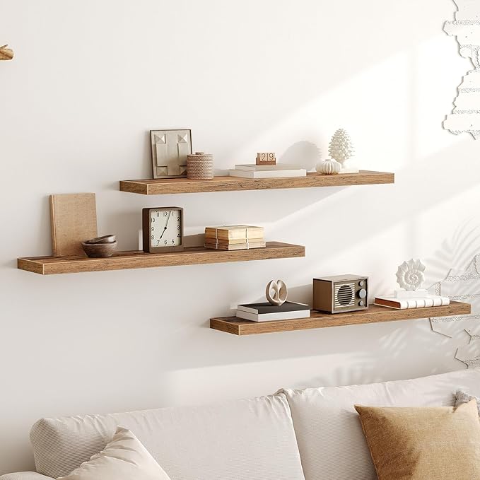 Floating Shelves for Wall, 1.5" Thick Wall Shelf Set of 3 with Invisible Bracket, L39.4 x W7.9 Hanging Shelves Farmhouse Home Decor for Bathroom, Living Room, Bedroom Rustic Brown 10301BJP3BF