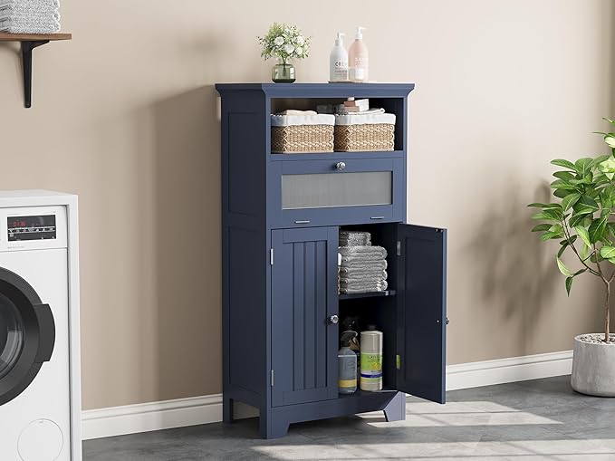 ChooChoo Bathroom Floor Storage Cabinet with Flip Glass Drawer, Freestanding with 2 Doors, Adjustable Shelf & 1 Open Storage for Living Room, Hallway, Navy Blue