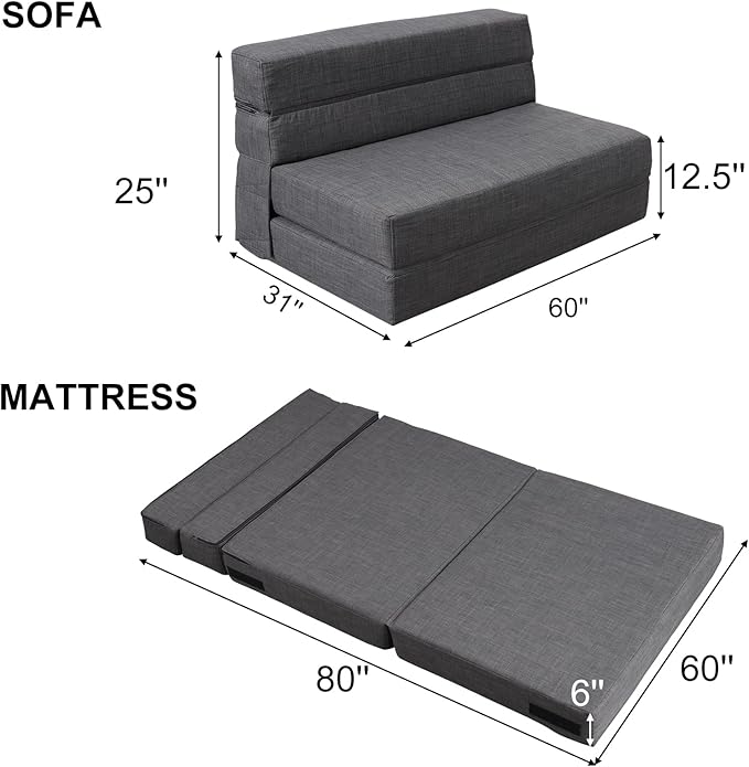 ANONER 60" Fold Sofa Bed Couch Memory Foam with 2 Pillows Futon Sleeper Chair Guest Bed and Fold Out Couch, Washable Cover Queen Size, Dark Gray