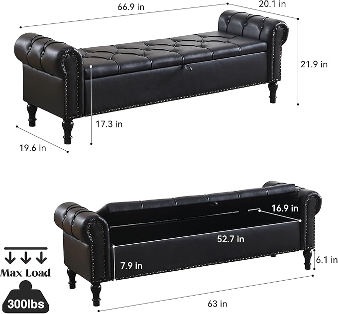 Leather Storage Bench 67 Inch Upholstered Tufted Ottoman Bench with Arms King Size End of Bed Bench for Bedroom Living Room Entryway Black