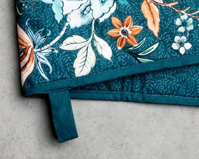 Maison d' Hermine Double Oven Mitt (7" x 35") 100% Cotton Heat Resistant BBQ Cooking Gloves with Loop for Thanksgiving Christmas Decorations Baking Cooking Handling Hot Pan (Luxury Loft - Dark Teal)