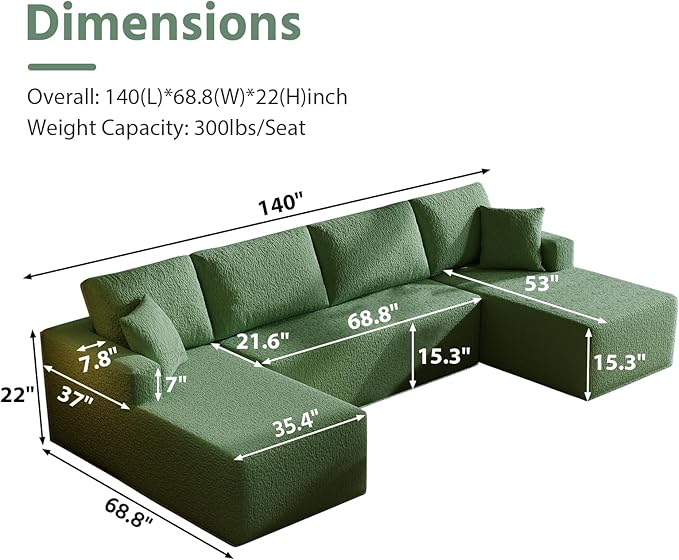 140" Modular U-Shaped Sectional Sofa, 7-Seater Cloud Couch with Double Chaise, Modern Sleeper Sofa,No Assembly Sectional Cloud Boneless Sofa Couches for Living Room/Apartment