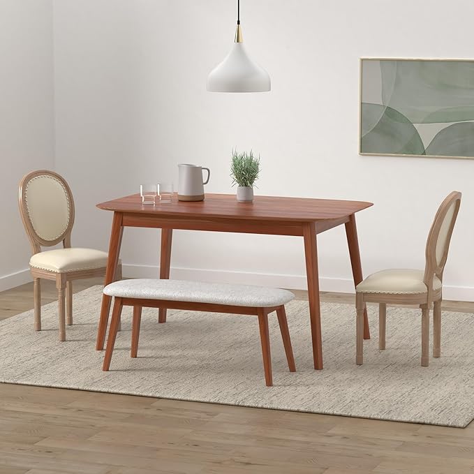 Nrizc French Country Dining Chairs Set of 6, Leather Farmhouse Dining Room Chairs with Round Back, Solid Wood Legs, Oval Side Chairs for Kitchen/Bedroom/Dining Room