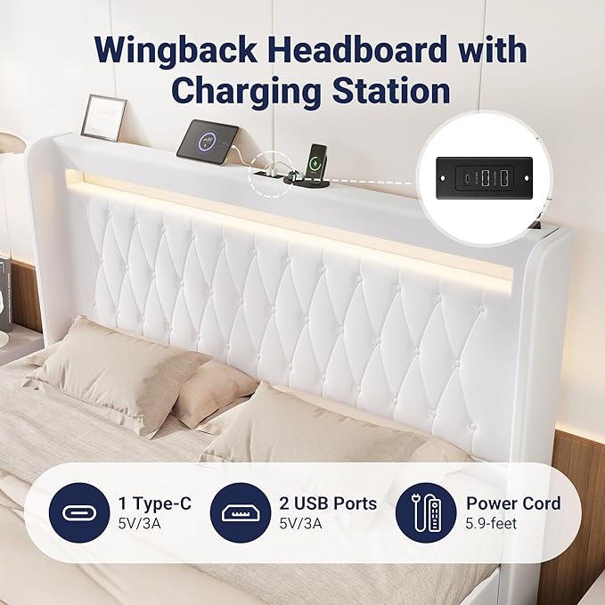 Allewie Upholstered King Size Platform Bed Frame with LED Light and Charging Station, Button Tufted High Headboard, Wingback Design, Noise Free, Easy Assembly, No Box Spring Needed, White