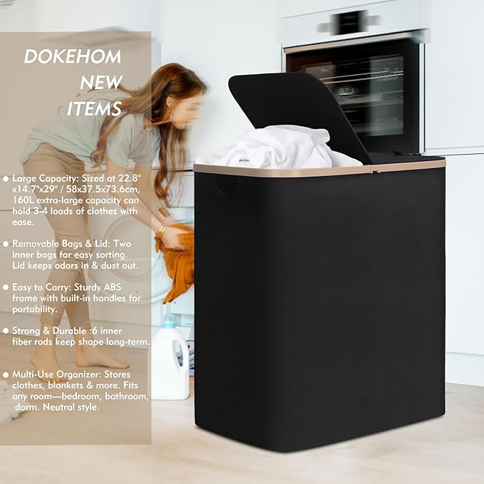 DOKEHOM 160L Double Laundry Basket with Removable Lid and Laundry Bags, Large Collapsible Laundry Hamper with 2 Sections (Black)