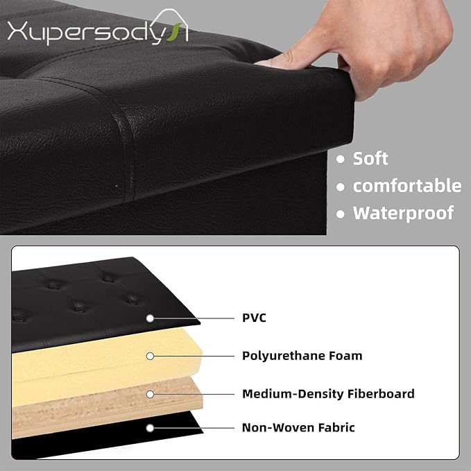 30 Inches Folding Storage Ottoman Bench, Faux Leather Footstool Ottoman, Storage Trunk Footrest for Bedroom, Living Room and Hallway, Support 350lbs, Black（Black line）