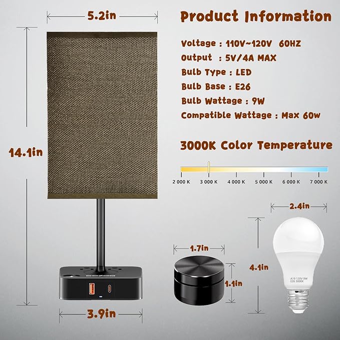 cozoo Bedroom Table Lamp with Remote Operation Control,Dimmable Bedside Table Desk Lamps with USB C+A Charging Ports 2 AC Outlets (Brown + Remote)