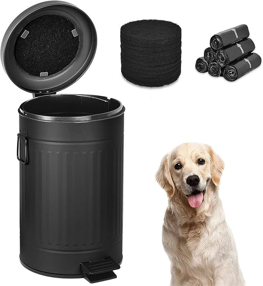 Dog Poop Trash Can with Lid for Outdoors，3.2 Gallon Trash Can with Activated Carbon Filter & Plastic Bags, Pet Waste Container，UP12L-BK-Y+90BK-New